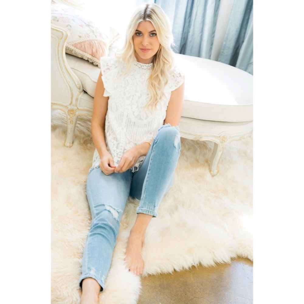 SOLD OUT White Eyelash Lace Romantic Mock Neck Ruffled Cap Sleeve Top Blouse - Picture 8 of 9